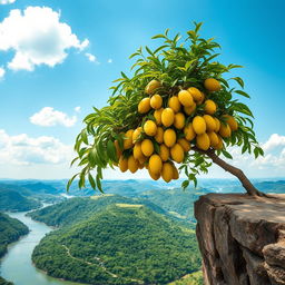 A mango tree heavy with ripe yellow mangoes, perched on the edge of a cliff