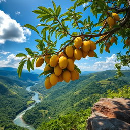 A mango tree heavy with ripe yellow mangoes, perched on the edge of a cliff