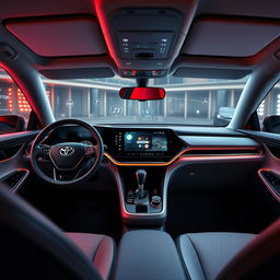 A futuristic interior of a Toyota car showcasing innovative technology and design