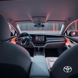 A futuristic interior of a Toyota car showcasing innovative technology and design