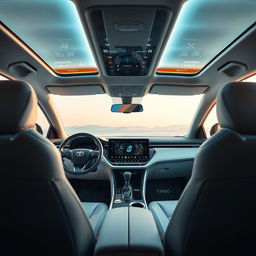 A futuristic interior of a Toyota car showcasing innovative technology and design