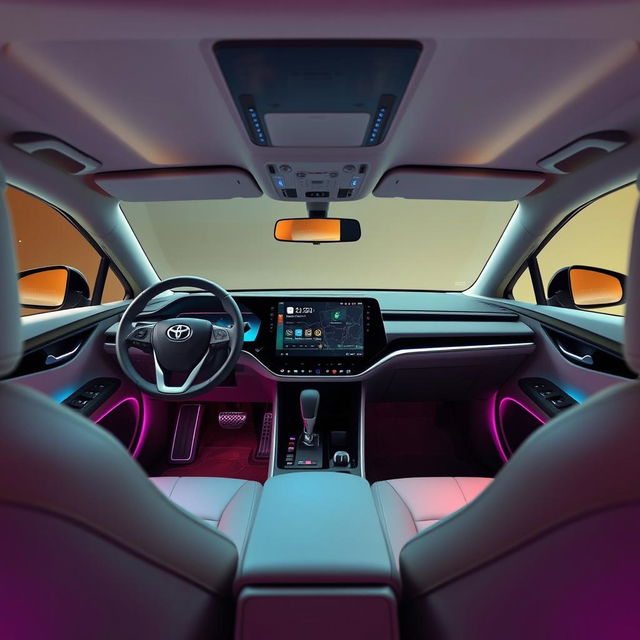 A futuristic interior of a Toyota car showcasing innovative technology and design