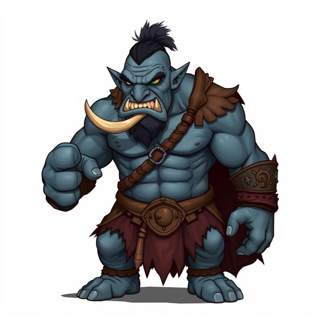 A male orc character for Dungeons & Dragons, featuring blue-gray skin, one broken tusk, and various scars across his face