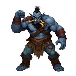 A male orc character for Dungeons & Dragons, featuring blue-gray skin, one broken tusk, and various scars across his face