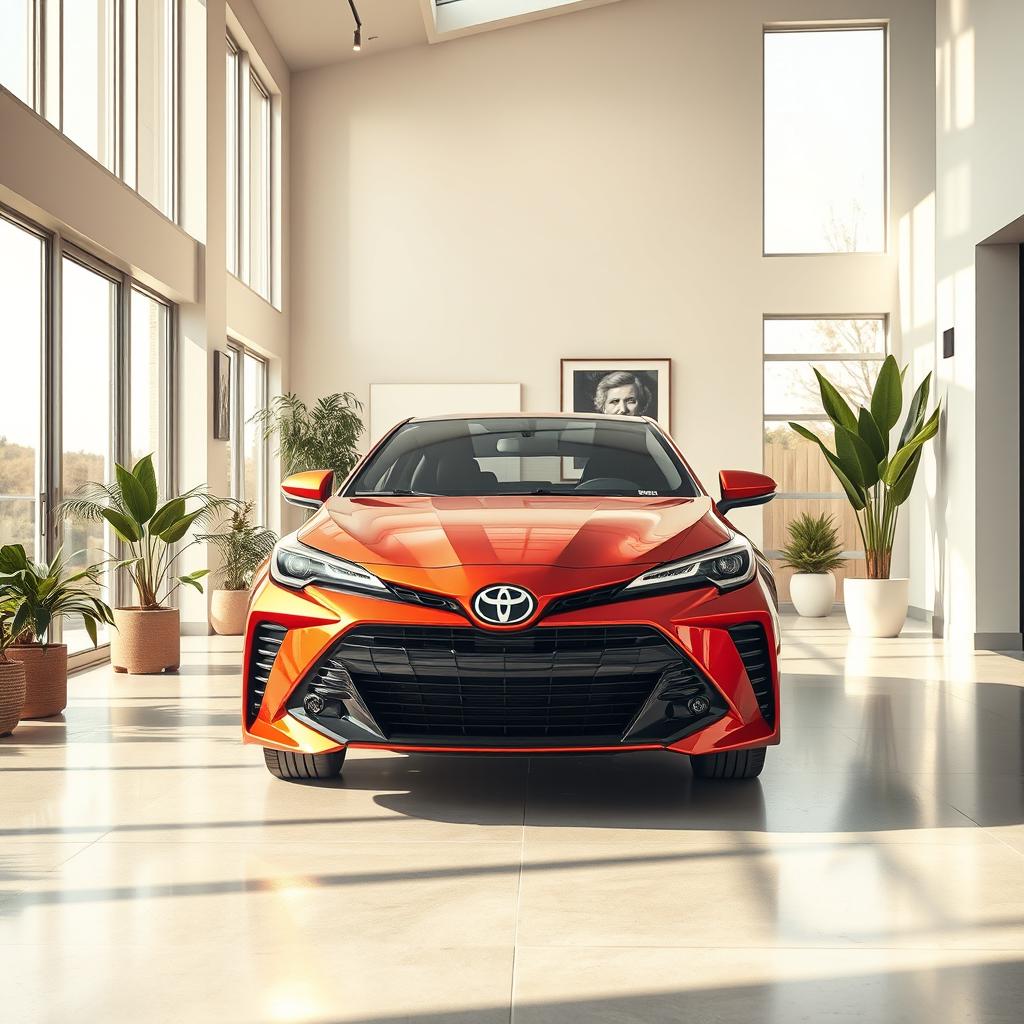 An innovative and modern interior home setting featuring a sleek Toyota car parked indoors