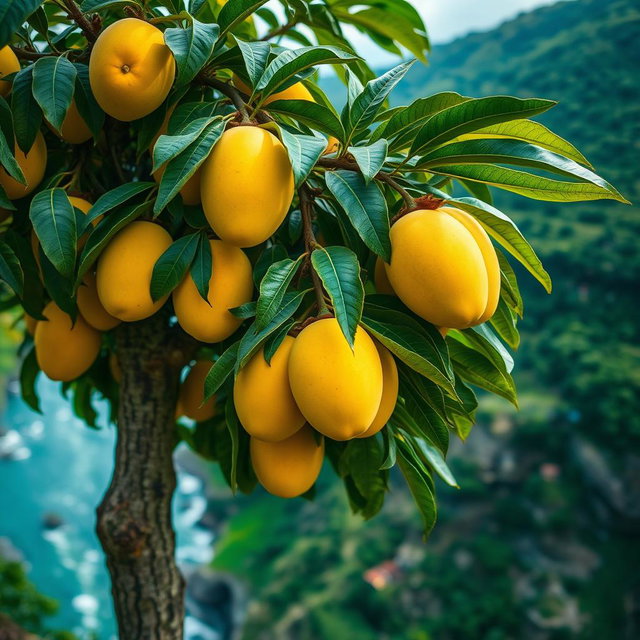 A close-up view of a mango tree laden with ripe yellow mangoes, situated on the edge of a cliff
