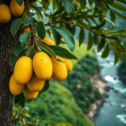 A close-up view of a mango tree laden with ripe yellow mangoes, situated on the edge of a cliff