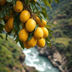 A close-up view of a mango tree laden with ripe yellow mangoes, situated on the edge of a cliff