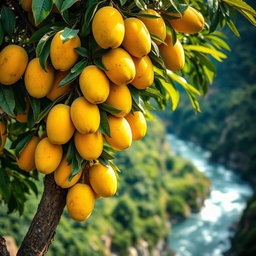 A close-up view of a mango tree laden with ripe yellow mangoes, situated on the edge of a cliff