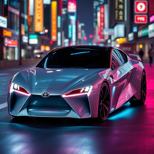 A futuristic Toyota car that embodies innovation and cutting-edge technology, featuring a sleek aerodynamic design with sharp lines and a glossy finish