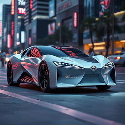 A futuristic Toyota car that embodies innovation and cutting-edge technology, featuring a sleek aerodynamic design with sharp lines and a glossy finish