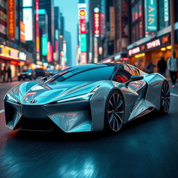 A futuristic Toyota car that embodies innovation and cutting-edge technology, featuring a sleek aerodynamic design with sharp lines and a glossy finish