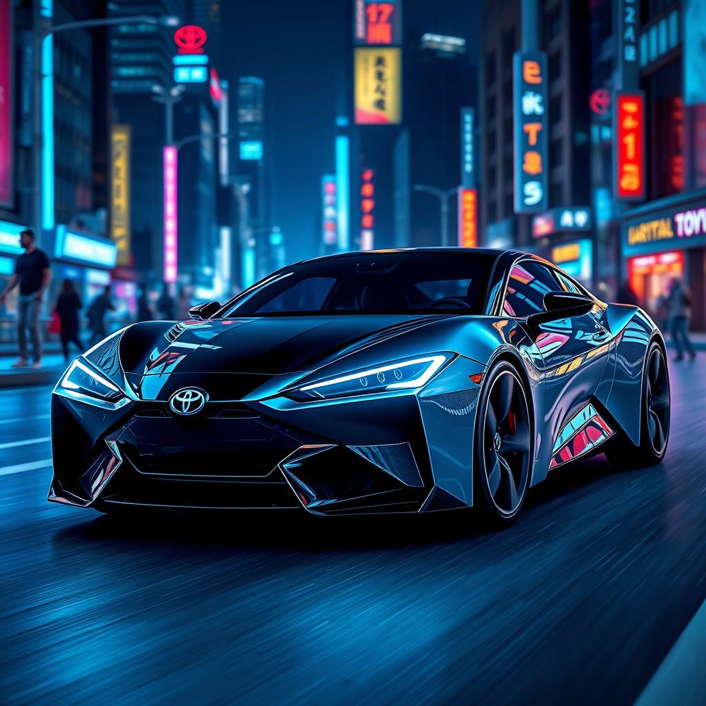 A futuristic Toyota car that embodies innovation and cutting-edge technology, featuring a sleek aerodynamic design with sharp lines and a glossy finish
