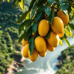 A detailed close-up of a mango tree filled with ripe yellow mangoes, strategically positioned on a cliff