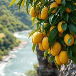 A detailed close-up of a mango tree filled with ripe yellow mangoes, strategically positioned on a cliff
