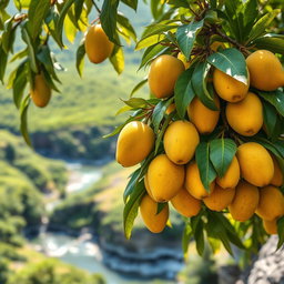 A detailed close-up of a mango tree filled with ripe yellow mangoes, strategically positioned on a cliff