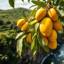 A detailed close-up of a mango tree filled with ripe yellow mangoes, strategically positioned on a cliff