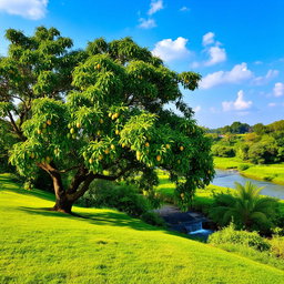 A picturesque lush green meadow adjacent to the Yamuna River, featuring a large, majestic mango tree with sprawling branches filled with ripe, juicy mangoes