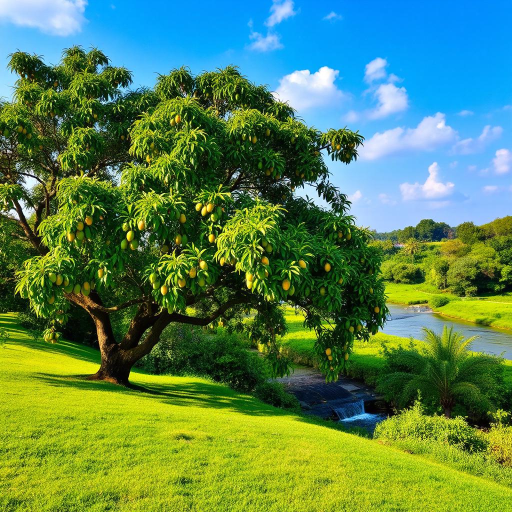 A picturesque lush green meadow adjacent to the Yamuna River, featuring a large, majestic mango tree with sprawling branches filled with ripe, juicy mangoes