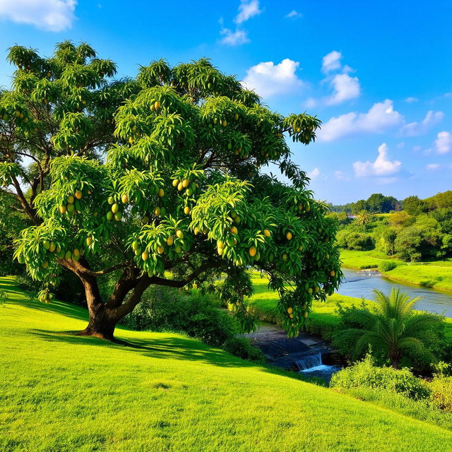 A picturesque lush green meadow adjacent to the Yamuna River, featuring a large, majestic mango tree with sprawling branches filled with ripe, juicy mangoes