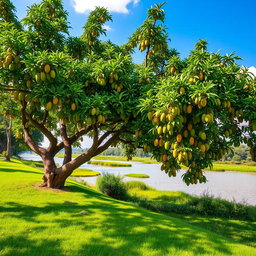 A picturesque lush green meadow adjacent to the Yamuna River, featuring a large, majestic mango tree with sprawling branches filled with ripe, juicy mangoes