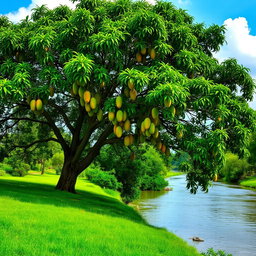 A picturesque lush green meadow adjacent to the Yamuna River, featuring a large, majestic mango tree with sprawling branches filled with ripe, juicy mangoes