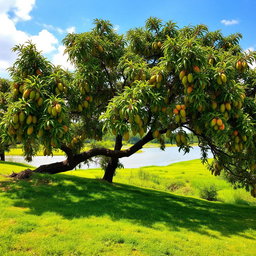 A picturesque lush green meadow adjacent to the Yamuna River, featuring a large, majestic mango tree with sprawling branches filled with ripe, juicy mangoes