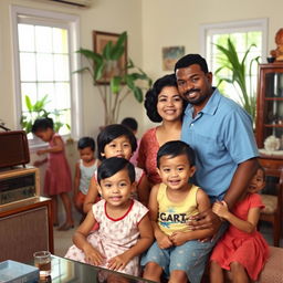 A Chinese woman and her Black husband with their three mixed-race children in a Cuban house from the 1950s