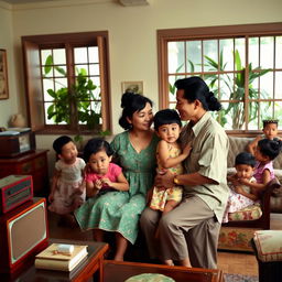 A Chinese woman and her Black husband with their three mixed-race children in a Cuban house from the 1950s