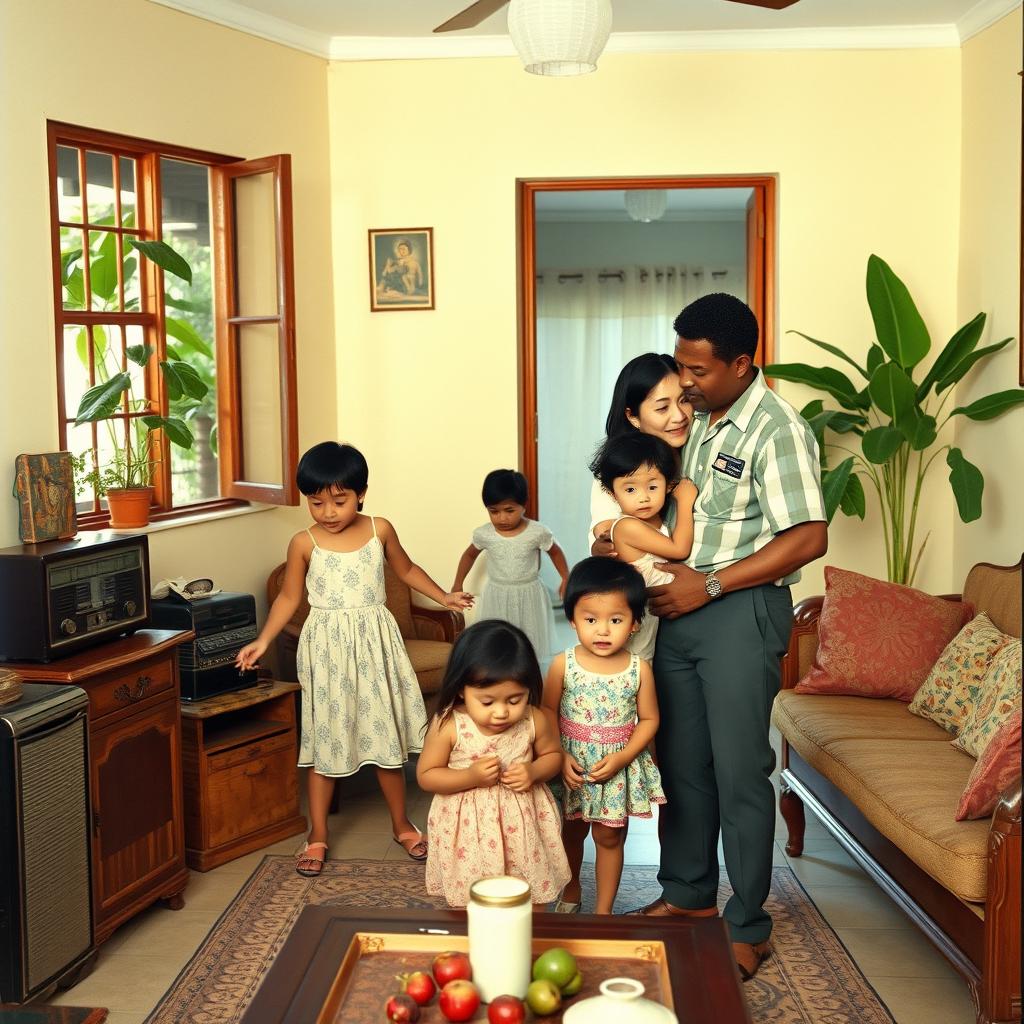 A Chinese woman and her Black husband with their three mixed-race children in a Cuban house from the 1950s