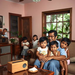 A Chinese woman and her Black husband with their three mixed-race children in a Cuban house from the 1950s