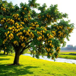 A beautiful lush green meadow located near the Yamuna River, featuring a large, majestic mango tree overflowing with ripe yellow mangoes