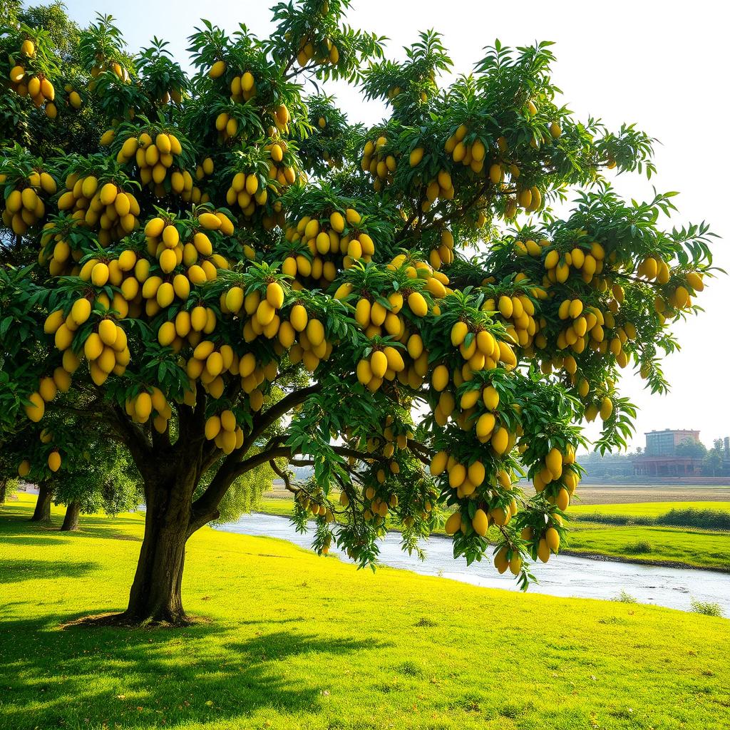 A beautiful lush green meadow located near the Yamuna River, featuring a large, majestic mango tree overflowing with ripe yellow mangoes