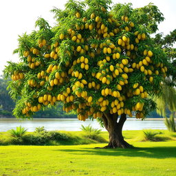 A beautiful lush green meadow located near the Yamuna River, featuring a large, majestic mango tree overflowing with ripe yellow mangoes