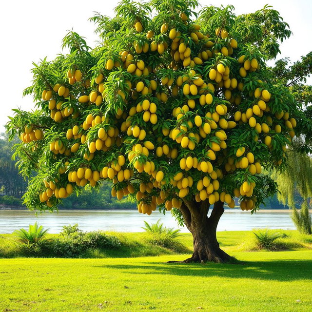 A beautiful lush green meadow located near the Yamuna River, featuring a large, majestic mango tree overflowing with ripe yellow mangoes