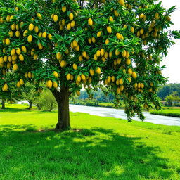 A beautiful lush green meadow located near the Yamuna River, featuring a large, majestic mango tree overflowing with ripe yellow mangoes