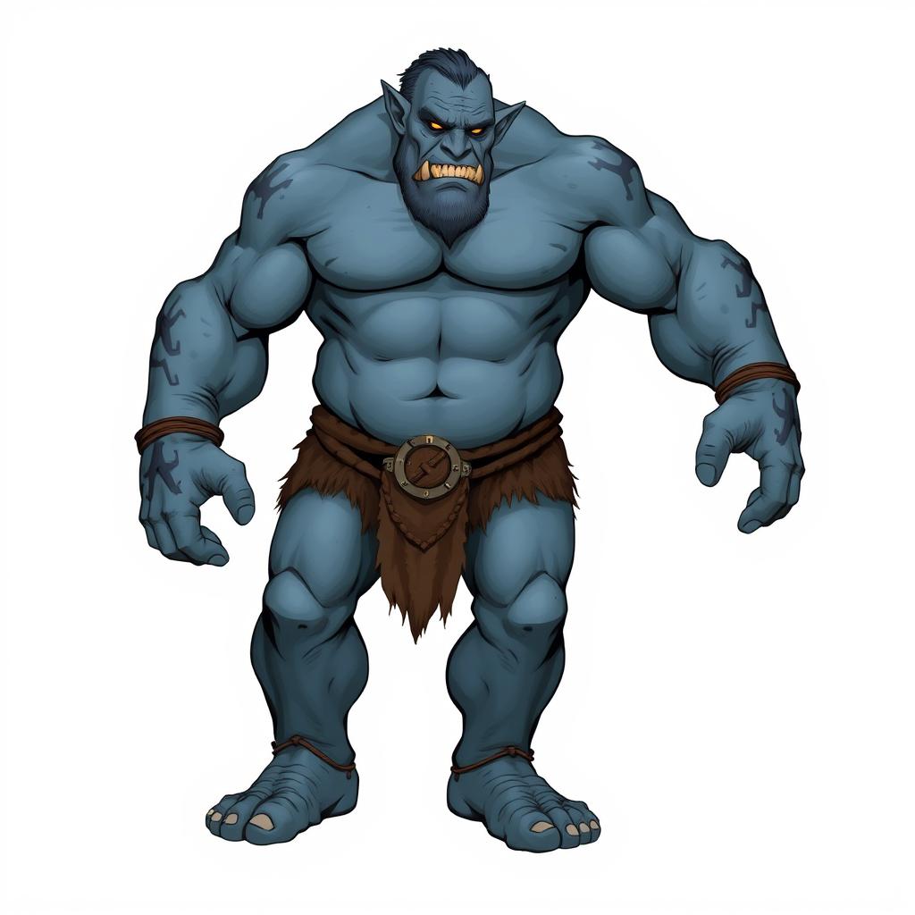 A full body image of a Dungeons and Dragons male ork, featuring blue-gray skin and a distinct broken tusk on the left side, illustrating his rugged personality with several visible scars adorning his muscular body