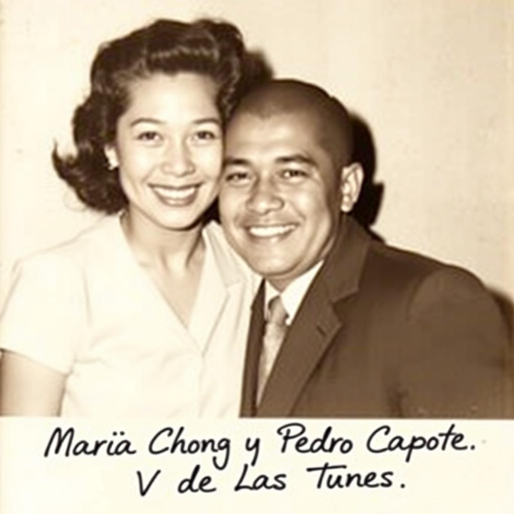 A black and white photograph featuring a Chinese woman and her Black husband posing together