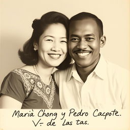A black and white photograph featuring a Chinese woman and her Black husband posing together