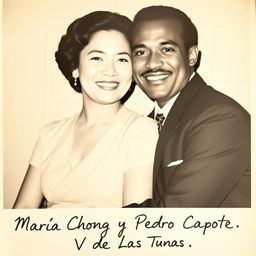 A black and white photograph featuring a Chinese woman and her Black husband posing together