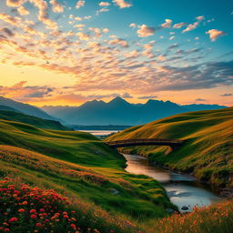 A stunning high-definition photograph of a serene landscape at sunset, featuring rolling hills covered in vibrant wildflowers, a calm river reflecting the oranges and pinks of the sky, and a small wooden bridge arching over the water