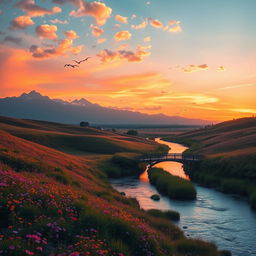 A stunning high-definition photograph of a serene landscape at sunset, featuring rolling hills covered in vibrant wildflowers, a calm river reflecting the oranges and pinks of the sky, and a small wooden bridge arching over the water