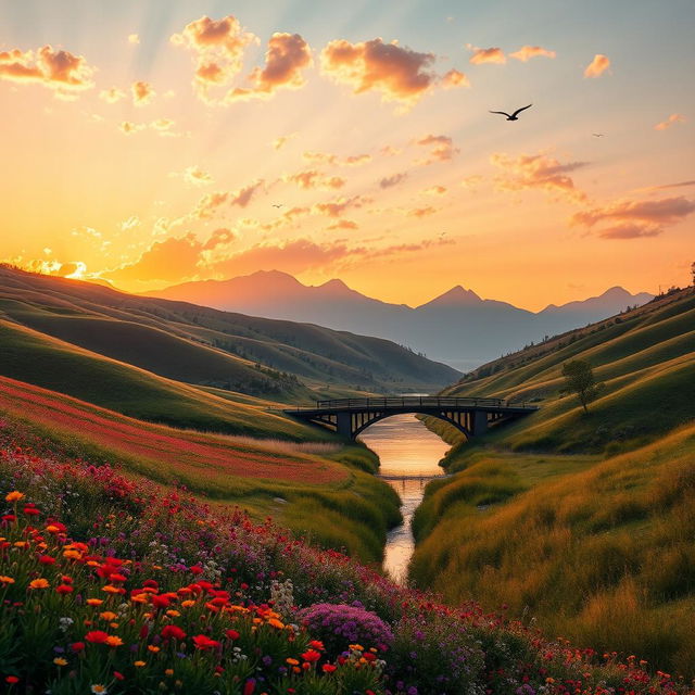 A stunning high-definition photograph of a serene landscape at sunset, featuring rolling hills covered in vibrant wildflowers, a calm river reflecting the oranges and pinks of the sky, and a small wooden bridge arching over the water