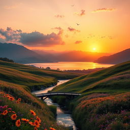 A stunning high-definition photograph of a serene landscape at sunset, featuring rolling hills covered in vibrant wildflowers, a calm river reflecting the oranges and pinks of the sky, and a small wooden bridge arching over the water