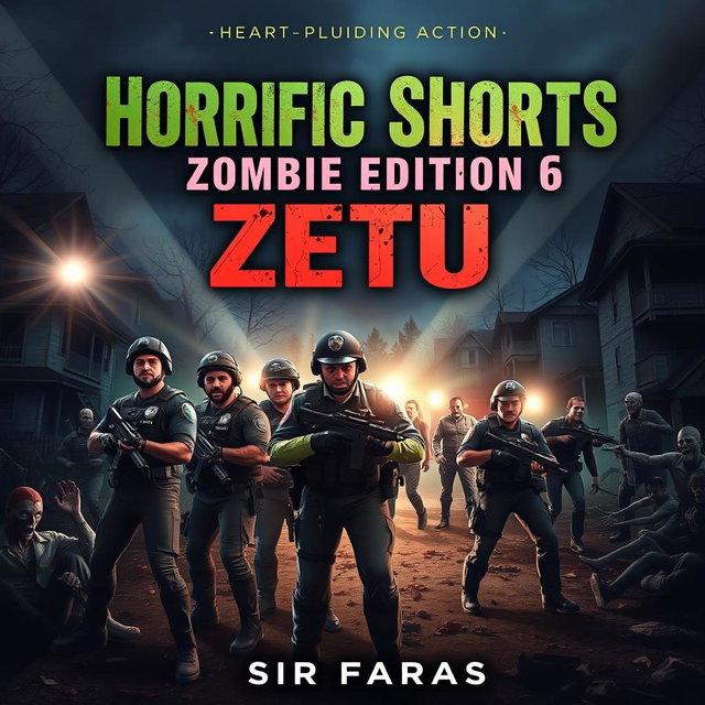 A thrilling book cover featuring the Zombie Eradication Tactical Unit (ZETU), a diverse group of brave police officers in tactical gear, poised for action in a zombie-infested neighborhood