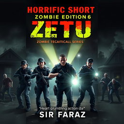 A thrilling book cover featuring the Zombie Eradication Tactical Unit (ZETU), a diverse group of brave police officers in tactical gear, poised for action in a zombie-infested neighborhood