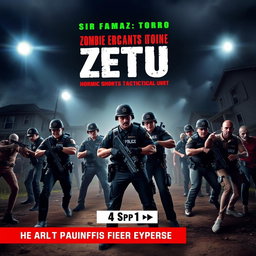 A thrilling book cover featuring the Zombie Eradication Tactical Unit (ZETU), a diverse group of brave police officers in tactical gear, poised for action in a zombie-infested neighborhood