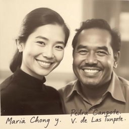 A black and white photo showcasing a young Chinese woman and her African American husband posing together with bright smiles