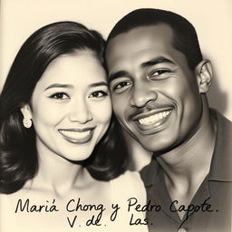 A black and white photo showcasing a young Chinese woman and her African American husband posing together with bright smiles