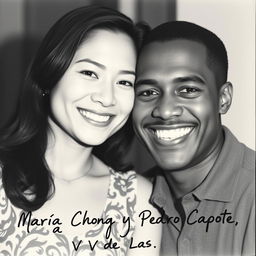 A black and white photo showcasing a young Chinese woman and her African American husband posing together with bright smiles